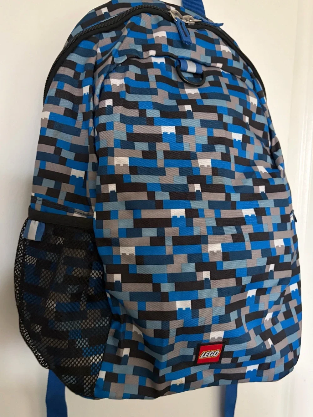 Lego Unisex Backpack in Blue, Black & Gray Pixel Print. Very Good Condition